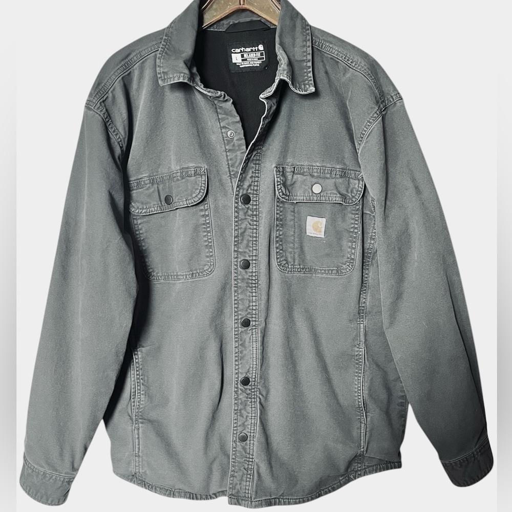 Carhartt Jacket Men's Gray Relaxed Fit Rugged Flex Canvas Fleece Lined Large